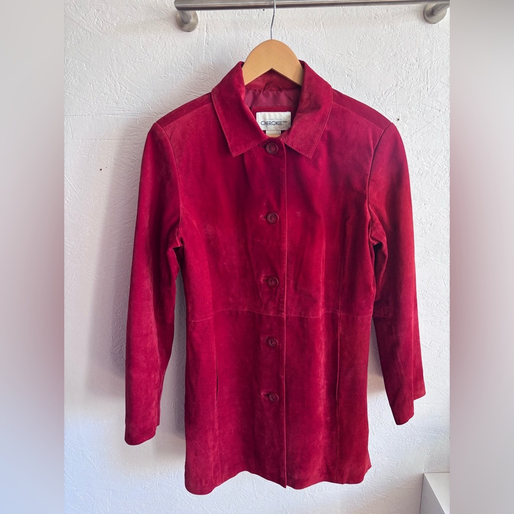 Vintage Cherokee 100% Suede Leather Red Collared Long Sleeve Button Jacket Coat - Picture 6 of 14